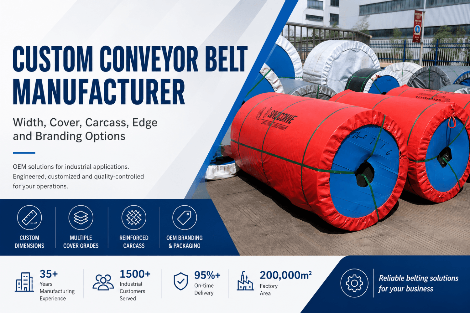 Custom Conveyor Belt Manufacturer: Width, Cover, Carcass, Edge and Branding Options